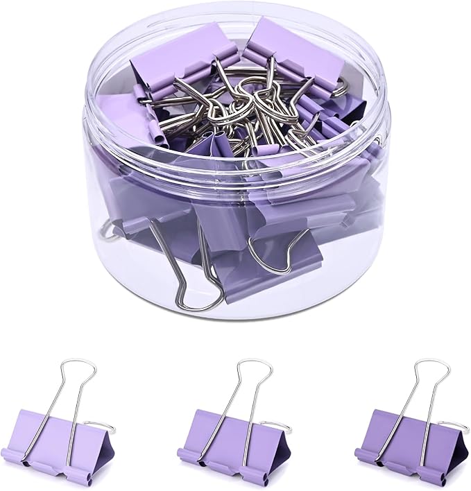 Temiary Aesthetic Binder Clips, 24 Pcs 1.26 Inches Small Metal Binder Clip with Clear Storage Container, Binding Paperwork Clamps for School Teachers Office Supplies (Purple)