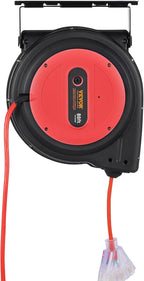VEVOR 80FT Retractable Extension Cord Reel, 12AWG/3C SJTOW Heavy Duty Power Cord w/Lighted Electrical Triple Tap Outlets, 15A Circuit Breaker,180° Swivel Bracket for Workshop or Garage, Red