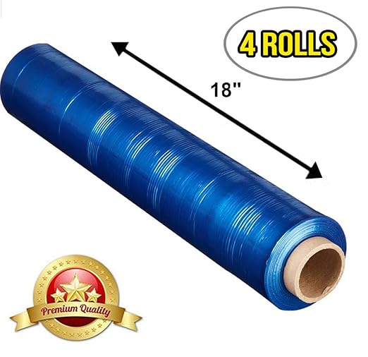 APQ 4 Rolls of Blown Hand Stretch Film 18" x 1500'. Blue Hand Stretch Wrap, 80 Gauge. Tear Resistant Residue Free Film for Moving, Shipping, Wrapping. Industrial Grade Pallet Shrink Wrap Film.