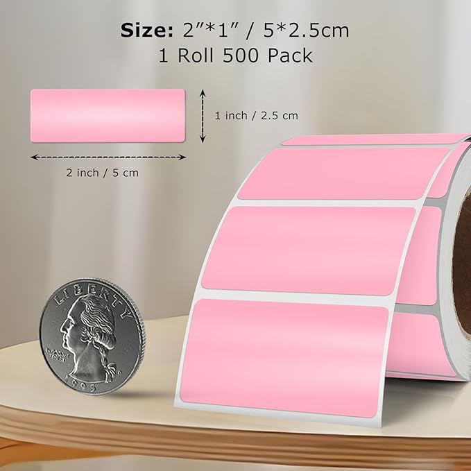 Pink Color Coding Labels 1 × 2 Inches Self-Adhesive Vinyl Rectangle Stickers Waterproof Name Tags Removable Roll for Office School Home 500 PCS