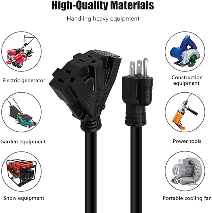 6FT 12/3 Outdoor Extension Cord, Heavy Duty 3-Outlet SJTW Indoor/Outdoor Three-Prong Power-Cord 12-Gauge Grounded 15-Amp 1875 Watts