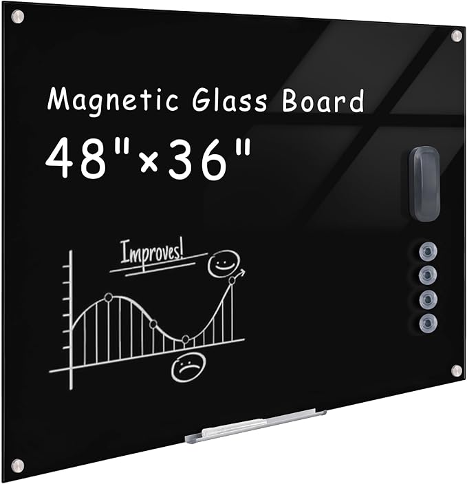 Mifuro Magnetic Glass Whiteboard，48"x36" Wall Mounted Frameless Dry Erase Board for Office, Home & School Black