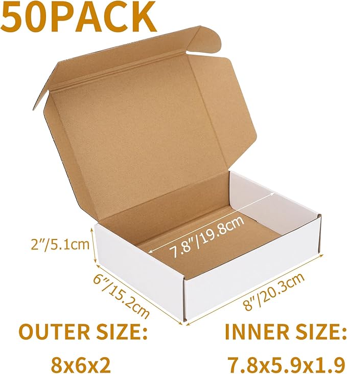 PHAREGE 8x6x2 Inch Shipping Boxes 50 Pack White, Tab Lock Tuck Top Mailer Boxes for Packaging Small Business, Cardboard Gift Boxes for Wrapping Mailing Present