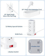 Power Strip Tower, 16.5 Ft Flat Plug Extension Cord, 16 in 1 Power Bars with Surge Protector, Power Tower Bar with 12 AC Multiple Outlets 4 USB (1 USB C)