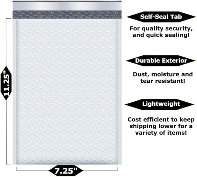 5-Pack 7.25x11.25" White Poly Bubble Mailers, Padded Shipping #1 Envelopes Self Seal Tear Resistant Lightweight Mailing Bags for Small Business, Books, DVDs, Gifts