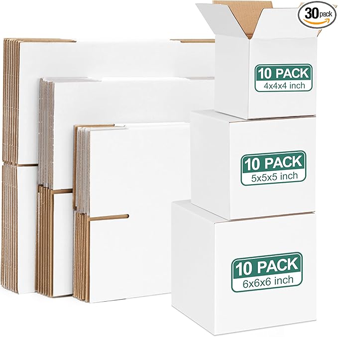 Eupako 30 Pack Small Shipping Boxes Assorted Sizes, 4x4x4 & 5x5x5 & 6x6x6 10 PCS Each Small Boxes, White Corrugated Box Mailers, Cardboard Boxes for Packaging Small Business, Mailing
