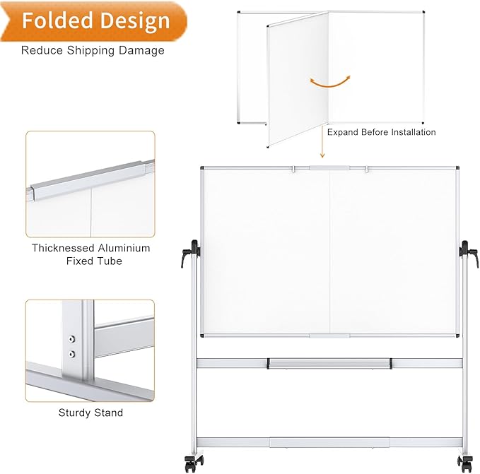 VIZ-PRO Double-Sided Mobile Whiteboard, 72 x 40 Inches, Magnetic Rolling Dry Erase White Board on Wheels with Aluminium Frame and Stand