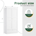 Letaya Wardrobe Closet,72" H Clothing Metal Storage Cabinet with Storage Drawer Adjustable Shelves and Hanging Rod,Bedroom Armoire Cabinet Clothes Organizer (White)