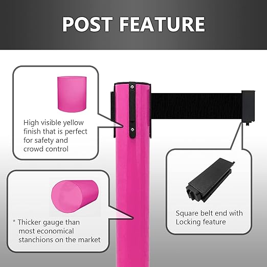 VIP Crowd Control Retractable Belt Stanchion Queue Safety Barrier Set, 36" Ht, 78" Belt (2 M.Pink Posts Black Belt)