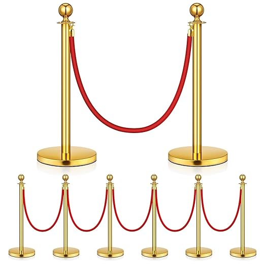 Stanchion Set, Gold Stanchion and Velvet Ropes with 8 Pcs Stainless Steel Posts and 6Pcs Red 5FT Ropes Crowd Control Barrier for Events, Weddings, Theaters, VIP Lines, Queue Management