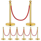 Stanchion Set, Gold Stanchion and Velvet Ropes with 8 Pcs Stainless Steel Posts and 6Pcs Red 5FT Ropes Crowd Control Barrier for Events, Weddings, Theaters, VIP Lines, Queue Management