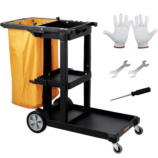 VEVOR Cleaning Cart, 3-Shelf Commercial Janitorial Cart, 200 lbs Capacity Plastic Housekeeping Cart, with 25 Gallon PVC Bag, 47 x 20 x 38.6in, Yellow & Black