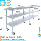 AmGood Stainless Steel Work Table with 2 Shelves and Casters | Metal Utility Table On Wheels (Stainless Steel, 96" Long x 24" Deep)