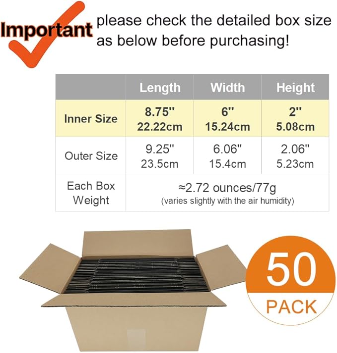 50 Pack 9x6x2'' Small Shipping Boxes, Corrugated Cardboard Mailers for Business, Black (CM962B)