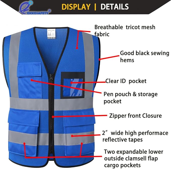 Hi Vis Reflective Safety Vest for Men Women Mesh High Visibility Vest with Pockets,Meets ANSI/ISEA Standards(EK170-Mesh-Blue-XL)