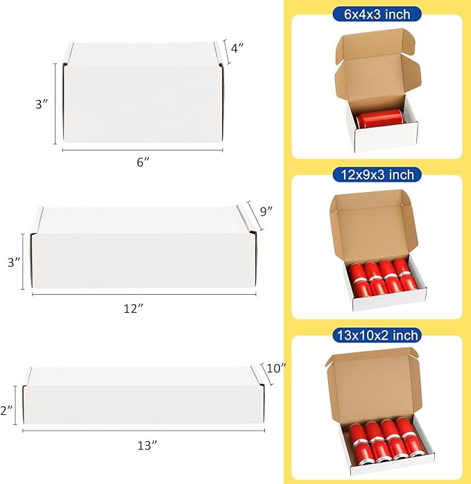 Assorted-Sizes-Shipping-Boxes-24-Pack: 6x4x3 & 12x9x3 & 13x10x2 Small-Shipping-Boxes-Mailers, White Corrugated-Cardboard-Boxes-for-Packing-Small-Business Mailing