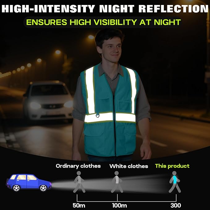 Safety Vest Customize Logo with 5 Pockets & Zipper Reflective High Visibility Vest Class 2 Outdoor Workwear