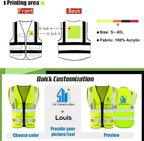 YOWESHOP High Visibility Safety Vest Custom Your Logo Protective Workwear 5 Pockets With Reflective Strips Outdoor Work Vest (3XL, Pink Luminous)