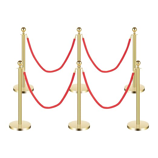 Red-Gold Stanchions Posts, 6 Packs Stanchion Set Crowd Control Barriers with 4.9 ft Red Velvet Rope, Stanchions and Velvet Ropes Red Carpet Poles for Party Supplies