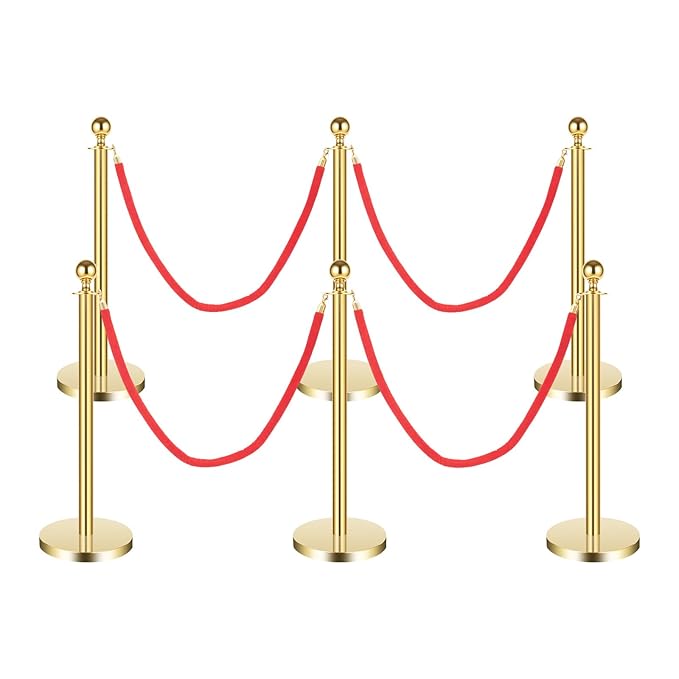6 PCS Gold Stanchion Posts,Red Carpet Safety Barrier,Crowd Control Barriers,5 ft Red Velvet Rope Carpet Ropes,Stainless Steel Gold Stanchions,Line Dividers for Parties,Weddings,Museums