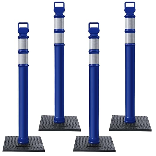 Kanayu 49 Inch Traffic Delineator Posts with 8.8 Lbs Rubber Base PE Delineator Post Portable Parking Pole Traffic Cone Barrier with Removable Base, Reflective Band(4 Packs,Blue)