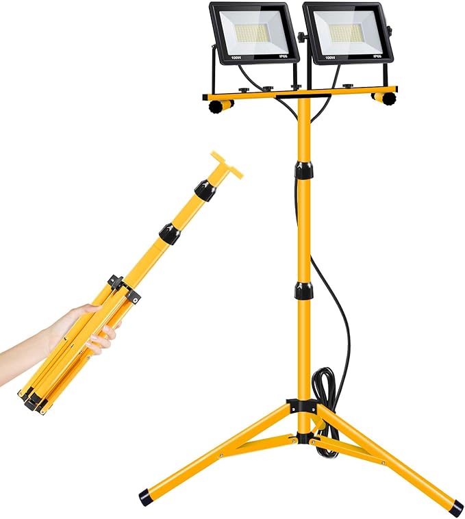 21000 Lumen Work Lights with Stand, 3 Adjustable Head LED Work Light, with Adjustable and Foldable Tripod Stand, Waterproof Lamp with Individual Switch with 6500 Kelvin Color (2-Head-Yellow)