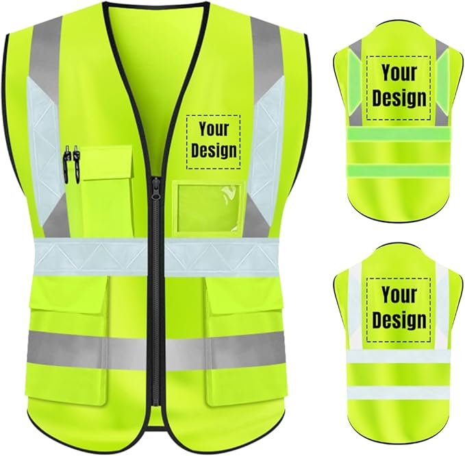 YOWESHOP High Visibility Safety Vest Custom Your Logo Protective Workwear 5 Pockets With Reflective Strips Outdoor Work Vest (3XL, Yellow Luminous)