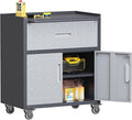 Metal Storage Cabinet with Wheels, Rolling Tool Chest with Adjustable Shelf & Handle, Lockable Garage Cabinet with 1 Drawer and 2 Doors, Mobile Steel Locker for Office, Workshop, Black&Grey