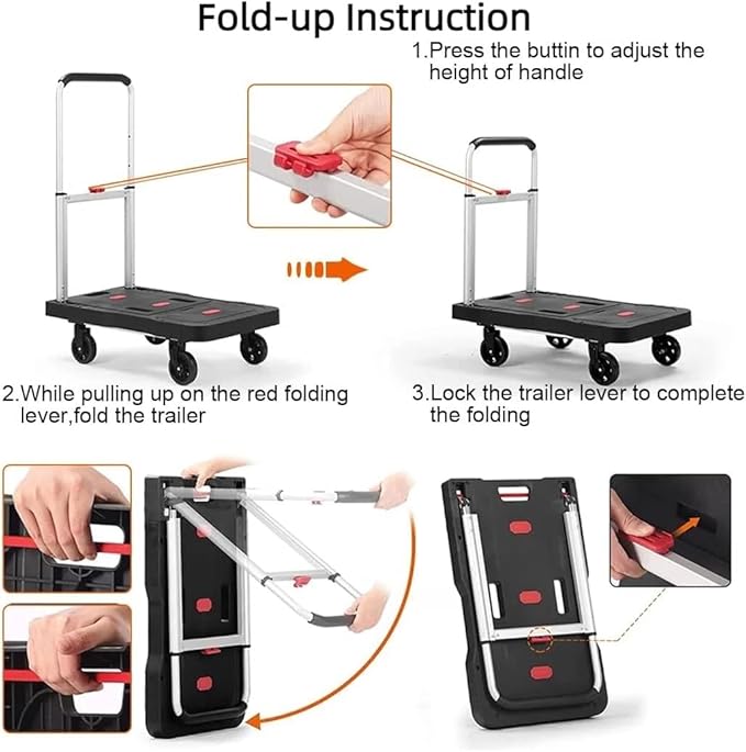 Folding Hand Truck, 330 Lbs Heavy Duty Luggage Cart, Portable Push cart Dolly with Adjustable Handle for Auto, Luggage, Personal, Travel, Moving Shopping and Office Use