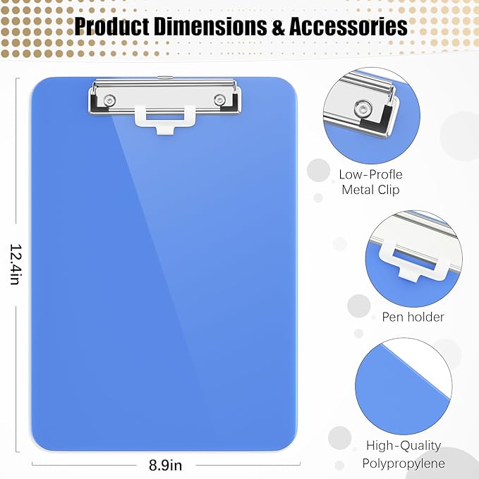Hongri Plastic Clipboard with Pen Holder, Blue 8.5x11 Letter Size Clip Board for Classroom, Office, Students, Nurses and Women, Low Profile Clip, Size 12.5 x 9 in(Pack of 2)