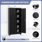 Metal Storage Cabinet with Wheels, Tall Garage Storage Cabinet with 4 Adjustable Shelves and 2 Doors, Lockable Tool Cabinet for Garage Home Office,Gym,School(Black)