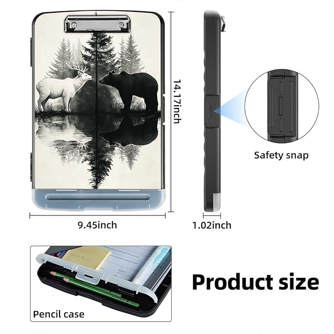 Clipboard with Storage Box & Pen Holder,Heavy Duty Clip Boards 8.5x11 for Nursing,High Capacity,School & Office Supplies,Deer Bear Forest