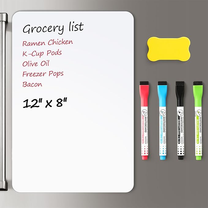 1 Pack Magnetic Dry Erase Board Sheet for Fridge, 12"x8" Erasable Refrigerator WhiteBoard w/ 4 Markers & 1 Eraser- Smooth and Flexible Small Magnet Blank Notepad for Home Kitchen Organizer and Planner