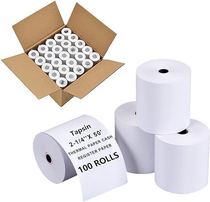 2-1/4'' x 50' Thermal Receipt Paper (100 Rolls), Fits 58mm Thermal POS Printers, Premium Quality, Biodegradable, White, Coated