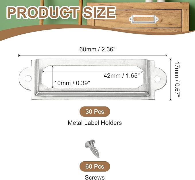PATIKIL 60x17mm Metal Label Holders, 30 PCS Label Name Card Tag Frames with Screws for Office Library File Cabinets Shelves Wood Drawers Fabric Bins, White Nickel