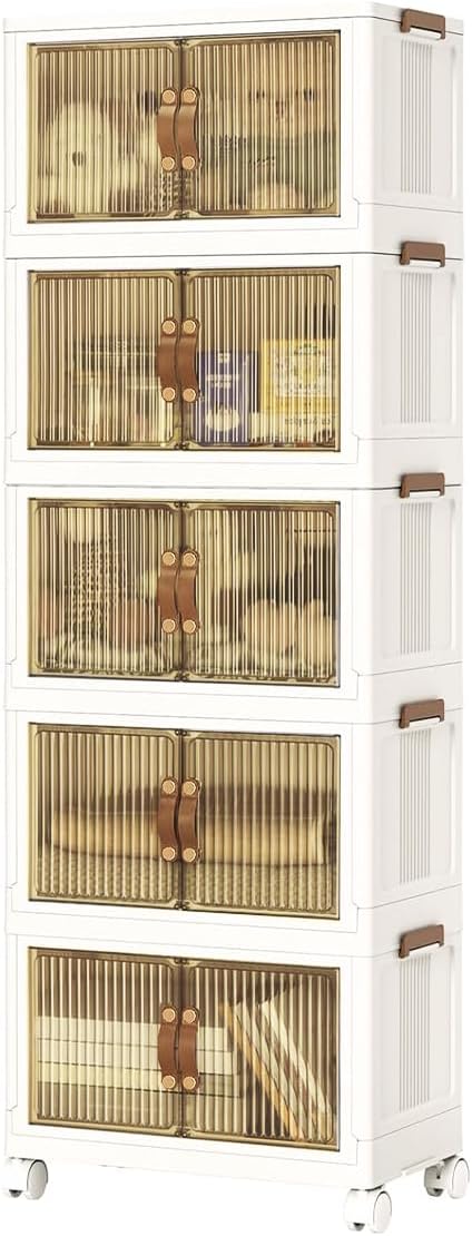 4 Tier Plastic Stackable Storage Bins and Boxes Organizer, Foldable Containers, Stackable Closet Organizers, Collapsible Boxes, White (5 Tier, 23.6″)