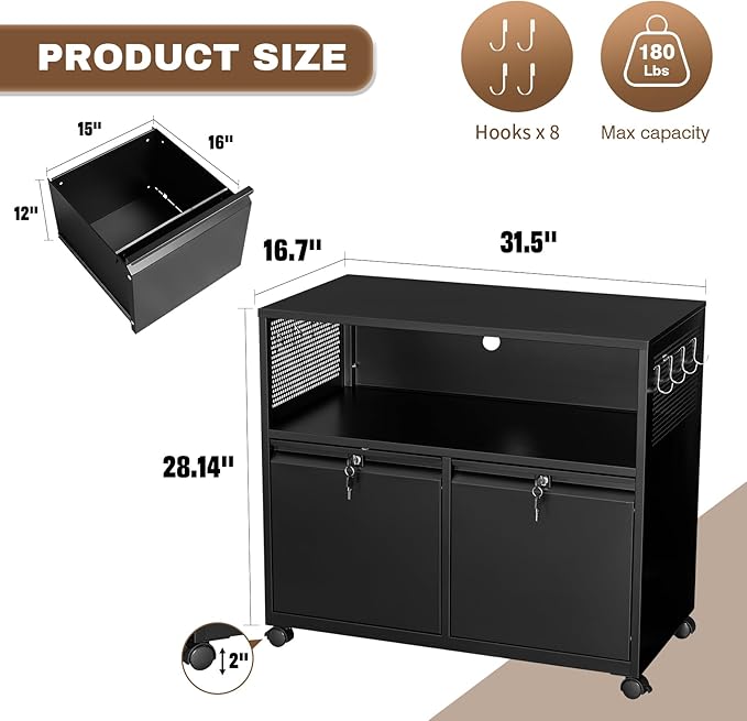 2 Drawer File Cabinet, Rolling File Cabinet with Lock, Metal Filing Cabinets Under Desk Storage Organizer with Wheels for A4/Letter/Legal (Black)