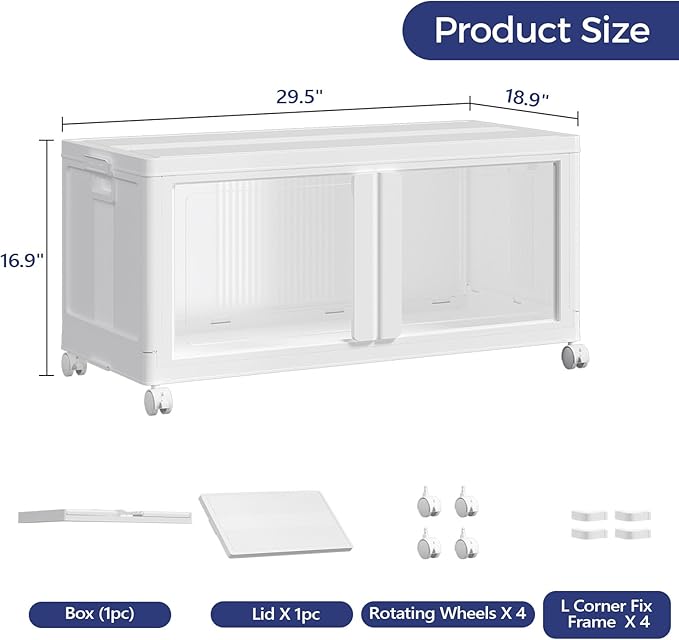 200Qt Large Stackable Storage Bins with Lid, 50Gal Plastic Closet Organizer and Storage Box with Wheels, Collapsible Storage Cabinet with Clear Door for Home Kitchen Office Dorm, 1Pack White