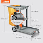 VEVOR Cleaning Cart, 3-Shelf Commercial Janitorial Cart, 200 lbs Capacity Plastic Housekeeping Cart, with 25 Gallon PVC Bag, 47" x 20" x 38.6", Yellow+Grey