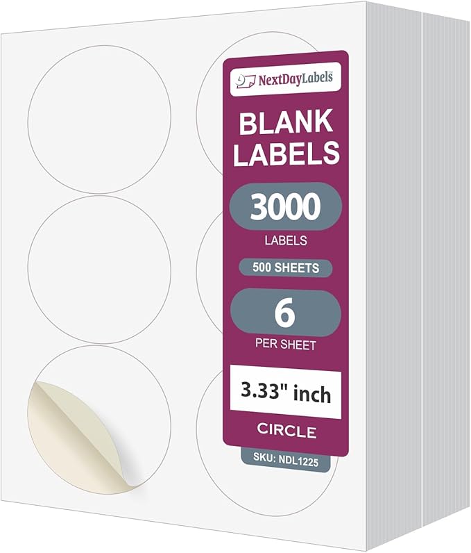 NextDayLabels - 3.33 Inch Round Stickers for Printer - Matte White Blank Laser/Inkjet Printable Circles (500 Sheets, 6 Per Sheet, 3000 Labels)