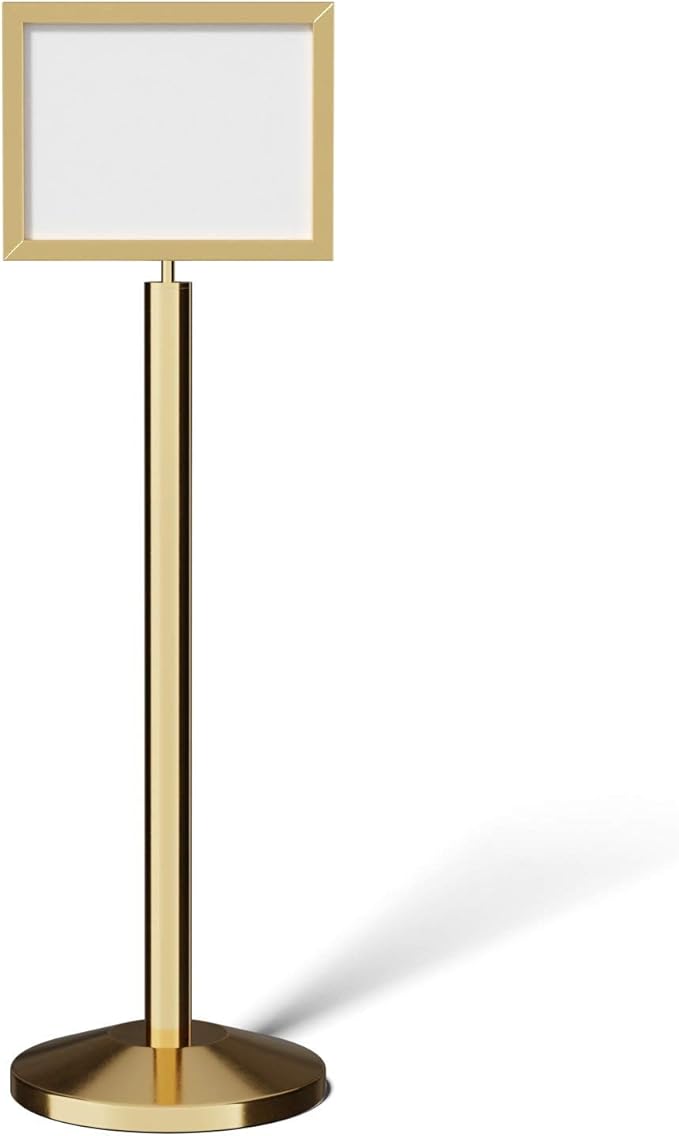 Crowd Control Warehouse Pedestal Standing Floor Sign Frame with Sloped Base, 11 x 14 Inch Horizontal, Polished Brass