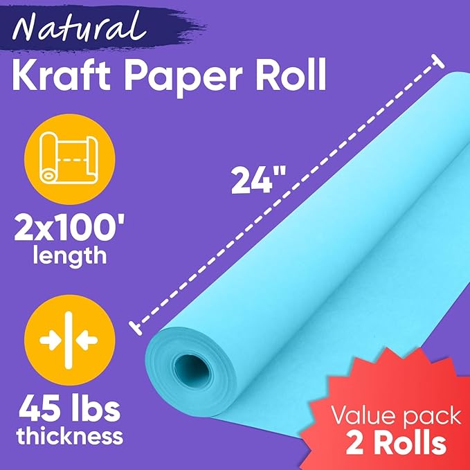 24" x 1200" (100 ft) Light Blue Kraft Paper Roll (Value Pack of 2), 45 lbs Thickness, Made in USA Colored Kraft Paper for School, Bulletin Board - Odorless, Non-Toxic, Safe for Kids