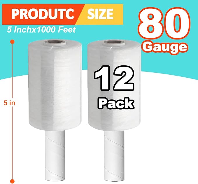 Stretch Wrap Film, 15" x 1000Ft Shrink Wrap Roll with Handles,60 Gauge Stretch Wrap Industrial Strength, Plastic Wrap for Pallet Wrapping Shipping Moving and Surface Protection (12 Pack-5"-80 Gauge)