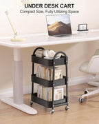 EAGMAK 3 Tier Rolling Cart Under Desk, Metal Storage Cart with Handle and Lockable Wheels, Multifunctional Storage Organizer Trolley with Mesh Baskets for Kitchen, Living Room, Office, Garage (Black)