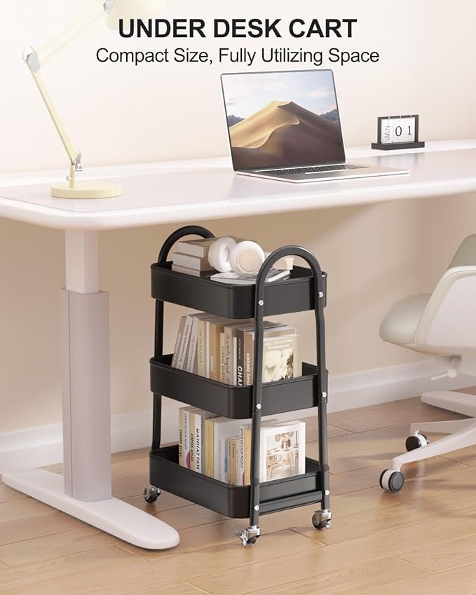 EAGMAK 3 Tier Rolling Cart Under Desk, Metal Storage Cart with Handle and Lockable Wheels, Multifunctional Storage Organizer Trolley with Mesh Baskets for Kitchen, Living Room, Office, Garage (Black)