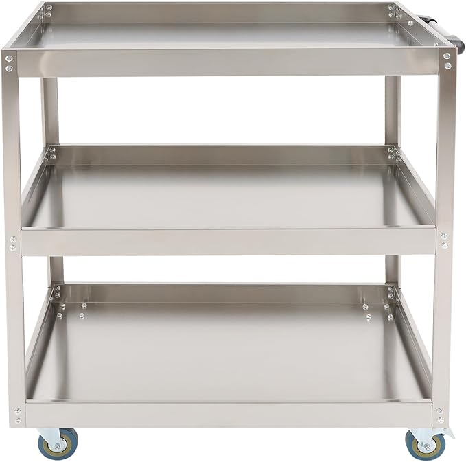 3-Tier Stainless Steel Utility Cart, 440lb Load-Bearing Heavy Duty Service Cart with 4 Locking Wheels, for Kitchen, Garage, Commercial Use