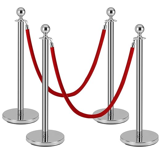 4 Pack Silver Stanchion Posts, Stanchions and Velvet Ropes, Queue Barrier Line Divider with Fillable Plastic Base for Sand or Water, Suits for Airport,Parties,Grand Opening,Casino,Bank