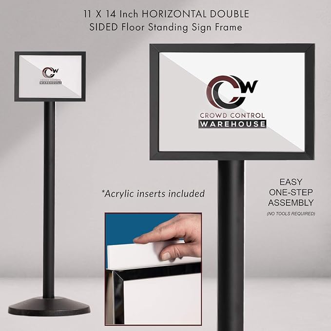 Crowd Control Warehouse Pedestal Standing Floor Sign Frame with Sloped Base, 11 x 14 Inch Horizontal, Black Powder Coated Steel