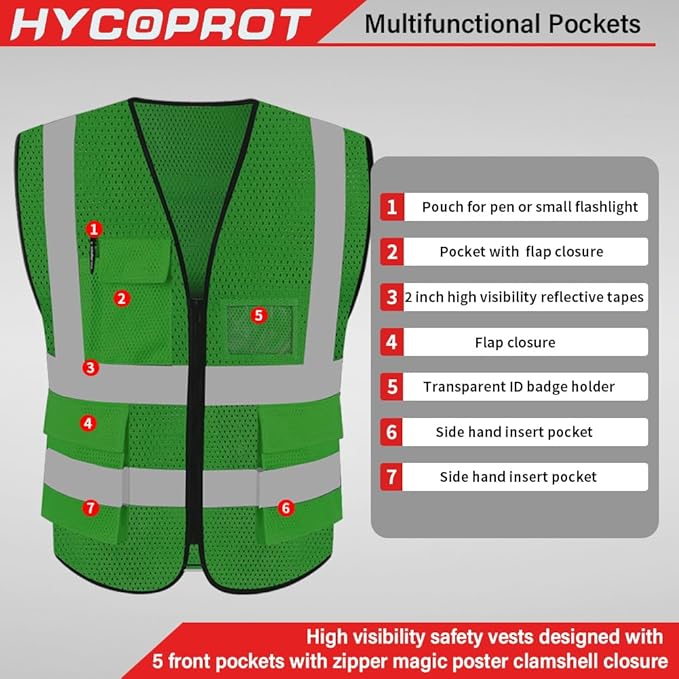 HYCOPROT High Visibility Mesh Safety Reflective Vest with Pockets and Zipper, Meets ANSI/ISEA Standards