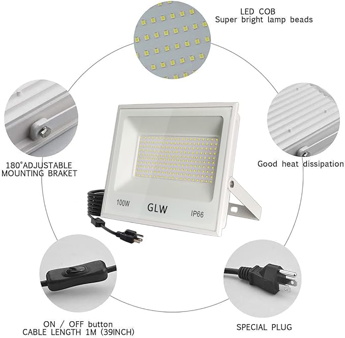 3 Pack 100W LED Flood Light Outdoor,10000LM Super Bright Security Lights, 6000K Daylight White Spot Light,IP66 Waterproof Exterior Floodlight Lighting for Backyard, Yard, Stadium, House